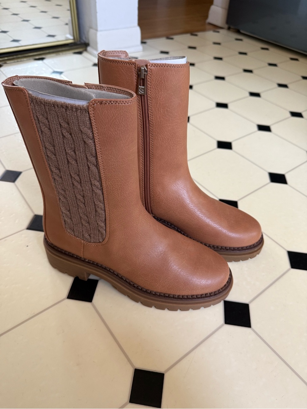 Sam & Libby Tan Leather Ankle Boots with Knit Panel